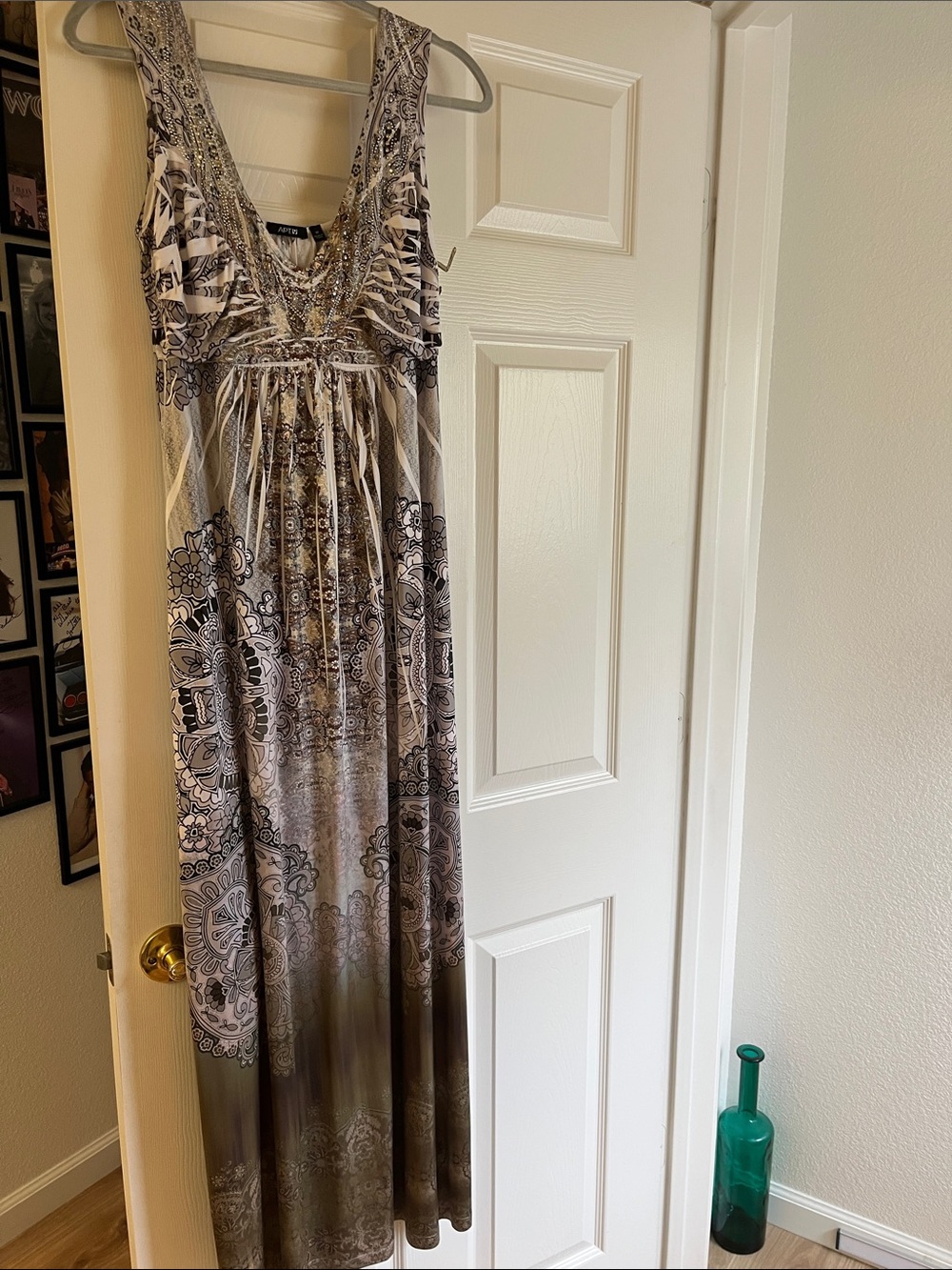 Embellished V-Neck Maxi Dress in Taupe and Ivory